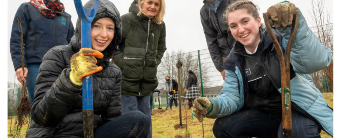 TY students Niamh Lynch and Aoife Hogan of Presentation Secondary, Cloonbeg, Tralee, Kerry with Rachel Geary, LEAF Ireland; school principal Chrissy Kelly and Bernard Burke from Coillte planting the An Choill Bheag (little woodland) in Tralee.