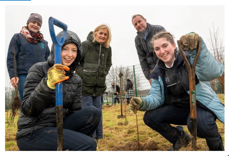 TY students Niamh Lynch and Aoife Hogan of Presentation Secondary, Cloonbeg, Tralee, Kerry with Rachel Geary, LEAF Ireland; school principal Chrissy Kelly and Bernard Burke from Coillte planting the An Choill Bheag (little woodland) in Tralee.